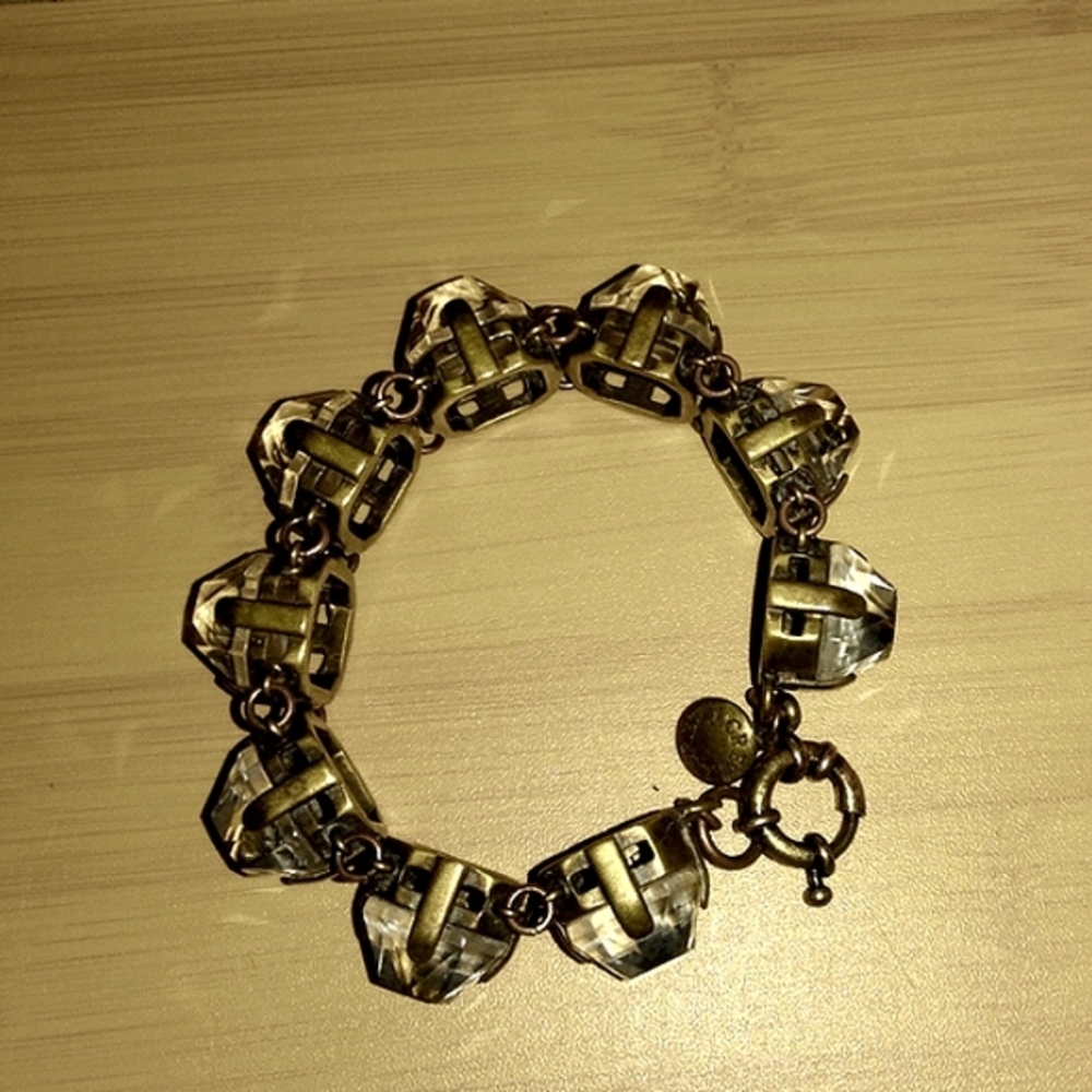J.Crew Chunky Bracelet Pre-Loved Antique Brass & Crystal Coboschon  7.5" Approx.